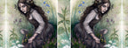 The wrap design of the mug. The design is repeated once on the other side of the mug, reversed. Slices of flora from the design fill the gaps inbetween the main design.