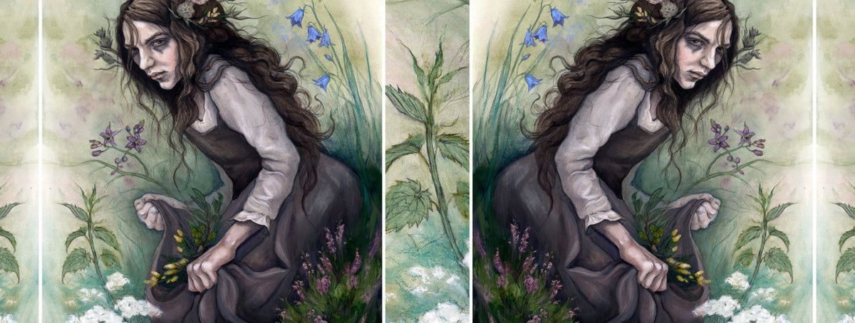 The wrap design of the mug. The design is repeated once on the other side of the mug, reversed. Slices of flora from the design fill the gaps inbetween the main design.