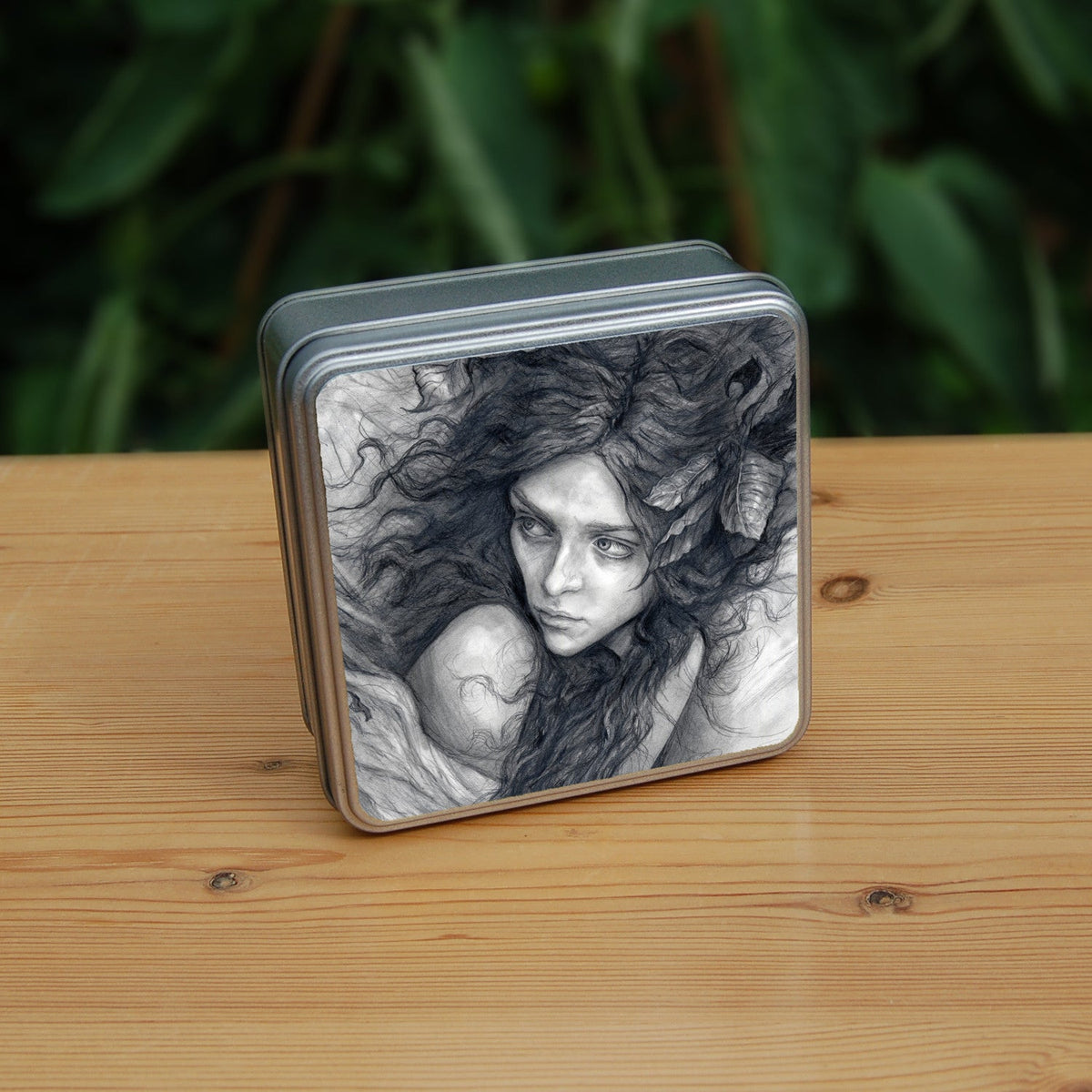 Square metal tin: Pencil illustration of the head and shoulders of a young woman looking back over her shoulder. She has a mass of hair sticking out in all directions around her head and down her front. Leaves are woven - or perhaps stuck - in her hair.