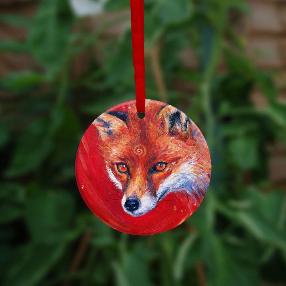 The head of a red fox looking at an angle towards the viewer, coming into the painting from the right. A pale-coloured spiral is coiled on their forehead. The background is red.