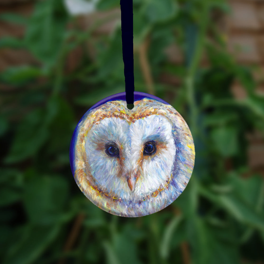 The head of a barn owl, looking directly at the viewer. The background is deep blue.