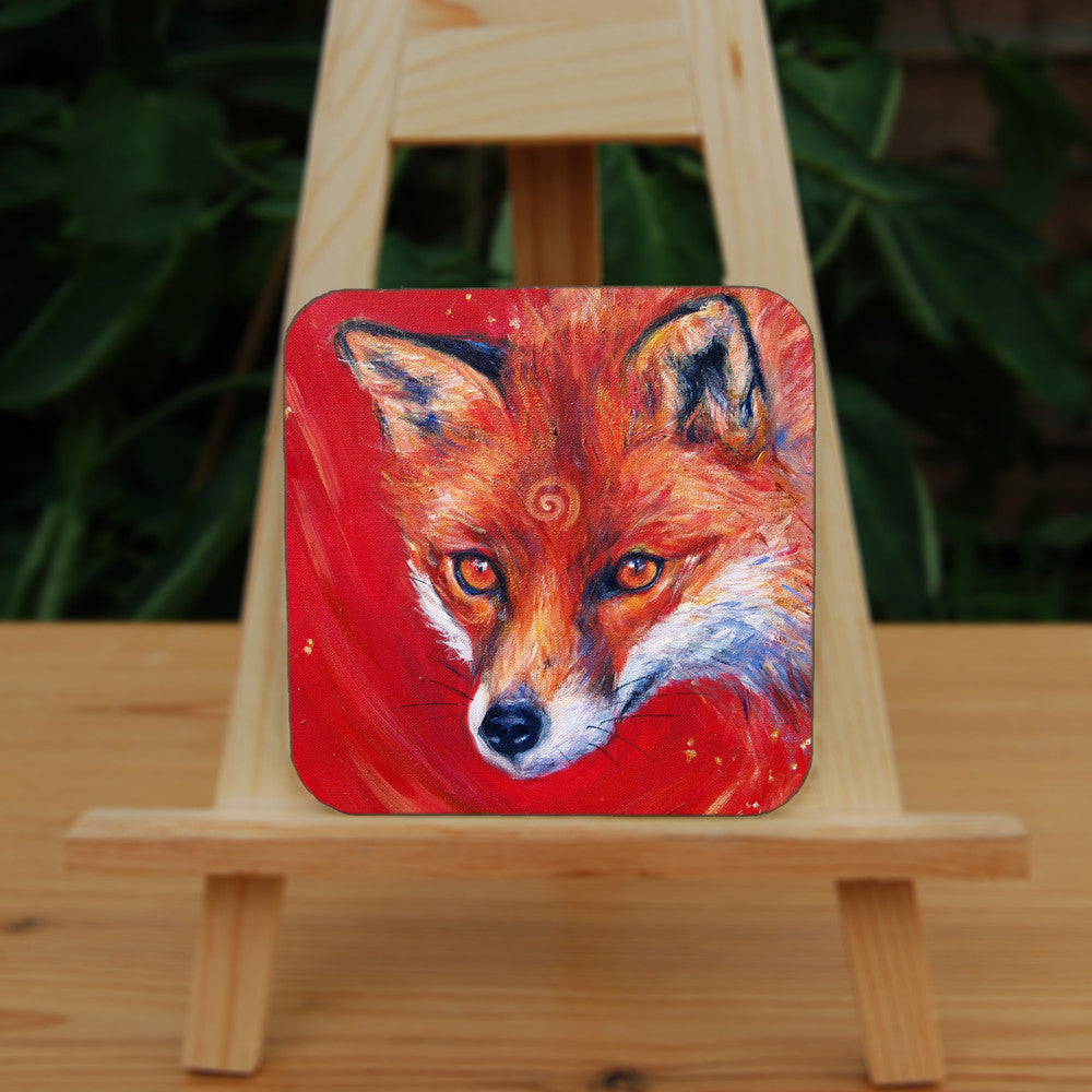 The head of a red fox looking at an angle towards the viewer, coming into the painting from the right. A pale-coloured spiral is coiled on their forehead. The background is red.