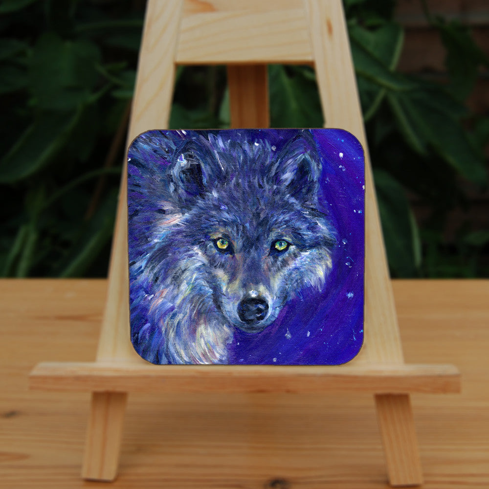 The head of a wolf, looking directly at the viewer. The overall colour of both the wolf and the background are shades of blue, with the exception of yellow/green eyes and flashes of paler fur around the neck.