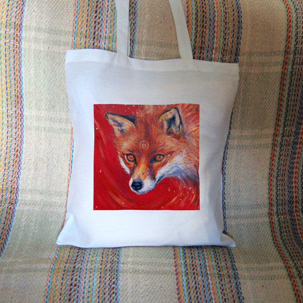 The head of a red fox looking at an angle towards the viewer, coming into the painting from the right. A pale-coloured spiral is coiled on their forehead. The background is red.