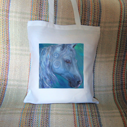 The head and mane of a horse, head facing mostly to the right. The horse is painted entirely in blue apart from a deep brown eye, with two spirals on and above the cheek. The background is blue-green.