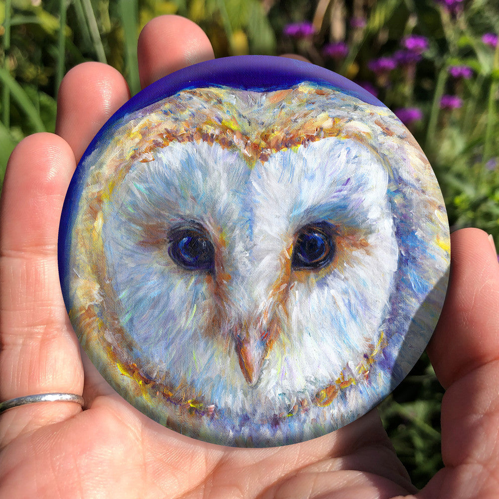 The head of a barn owl, looking directly at the viewer. The background is deep blue.
