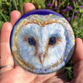 The head of a barn owl, looking directly at the viewer. The background is deep blue.