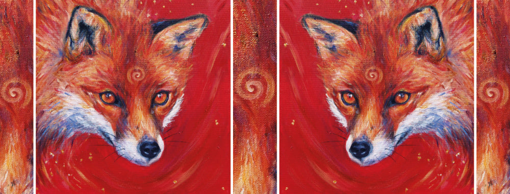 The wrap image of the mug. The fox appears once each side of the mug, with the spiral from the fox's forehead filling the gaps inbetween. One fox image is reversed so the foxes face each-other.
