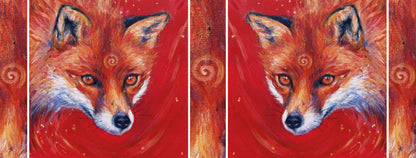 The wrap image of the mug. The fox appears once each side of the mug, with the spiral from the fox's forehead filling the gaps inbetween. One fox image is reversed so the foxes face each-other.