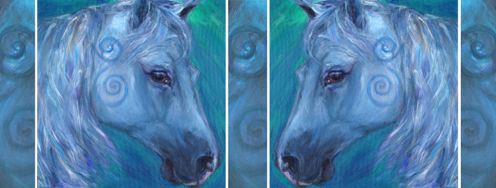 The wrap design of the mug. The horse is shown once each side of the mug, with the spirals from the head filling the gaps inbetween. One of the horses is reversed, so they face each-other.