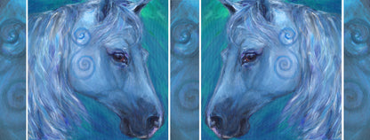 The wrap design of the mug. The horse is shown once each side of the mug, with the spirals from the head filling the gaps inbetween. One of the horses is reversed, so they face each-other.