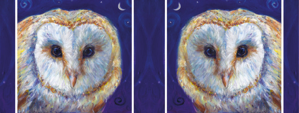 The wrap design of the image. The owl design appears once on each side of the mug. One of the owls is reversed so they face each-other.