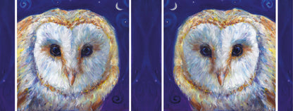 The wrap design of the image. The owl design appears once on each side of the mug. One of the owls is reversed so they face each-other.
