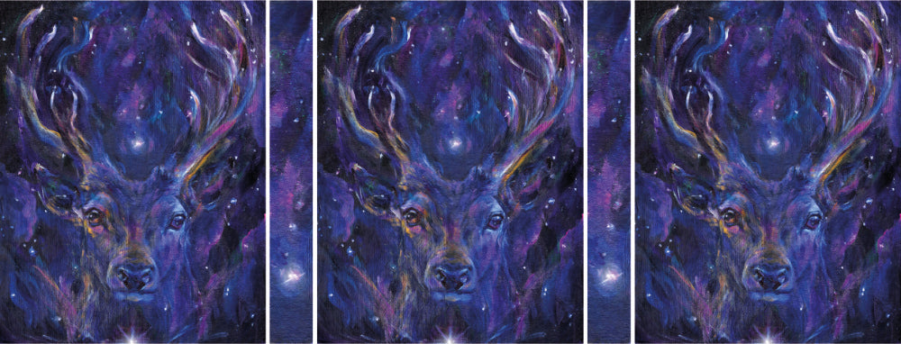 The wrap image of the mug. The stag design appears three times around the mug, with a star on purple background filling the gaps inbetween.