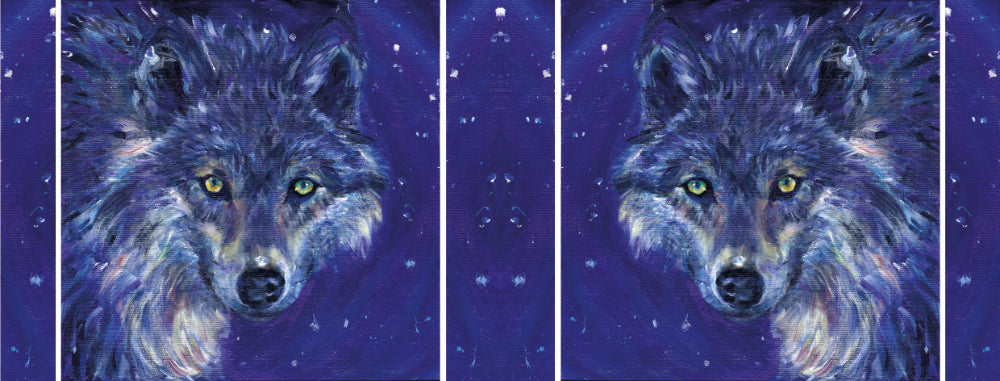 The wrap design of the mug. The wolf is shown once each side of the mug, with starfield design filling the gaps inbetween. One of the wolves is reversed so they face each-other.