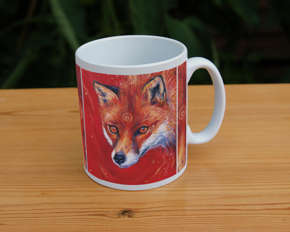 The head of a red fox looking at an angle towards the viewer, coming into the painting from the right. A pale-coloured spiral is coiled on their forehead. The background is red.