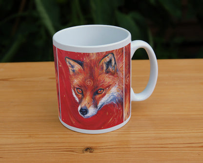 The head of a red fox looking at an angle towards the viewer, coming into the painting from the right. A pale-coloured spiral is coiled on their forehead. The background is red.