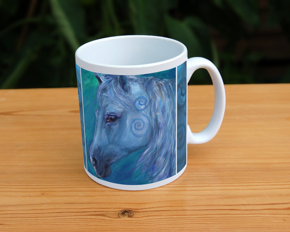 The head and mane of a horse, head facing mostly to the right. The horse is painted entirely in blue apart from a deep brown eye, with two spirals on and above the cheek. The background is blue-green.