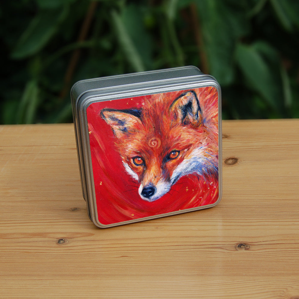 The head of a red fox looking at an angle towards the viewer, coming into the painting from the right. A pale-coloured spiral is coiled on their forehead. The background is red.
