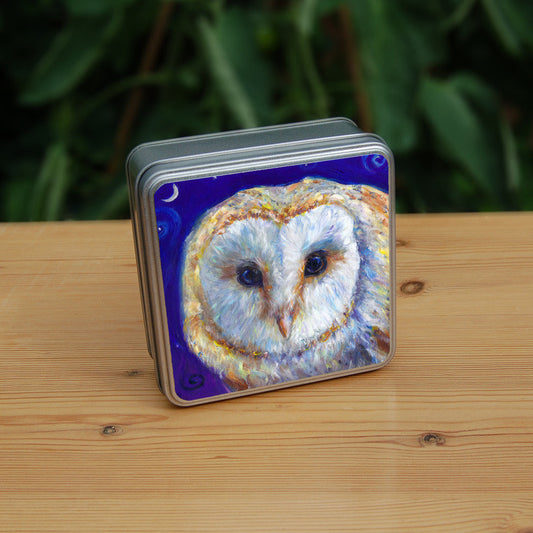 The head of a barn owl, looking directly at the viewer. The background is deep blue.