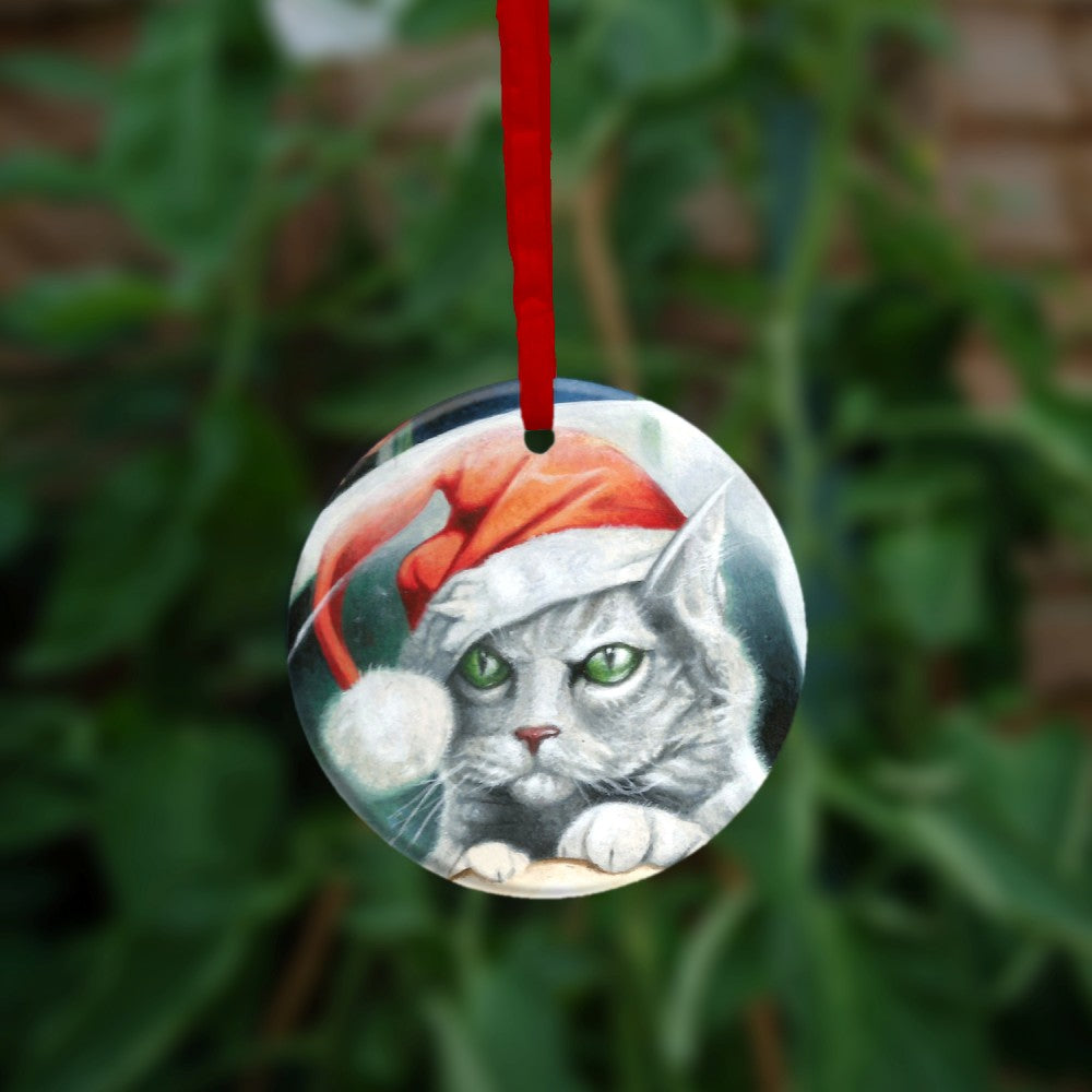 The reverse side of the ornament, showing just the head of the cat wearing a santa hat.