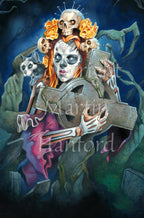 A woman with her face and arms decorated as a skeleton clutches a large stone Celtic cross to her chest. Her red hair is decorated with skulls with pins protruding from their heads. A black cat with a white face sits on her shoulder.