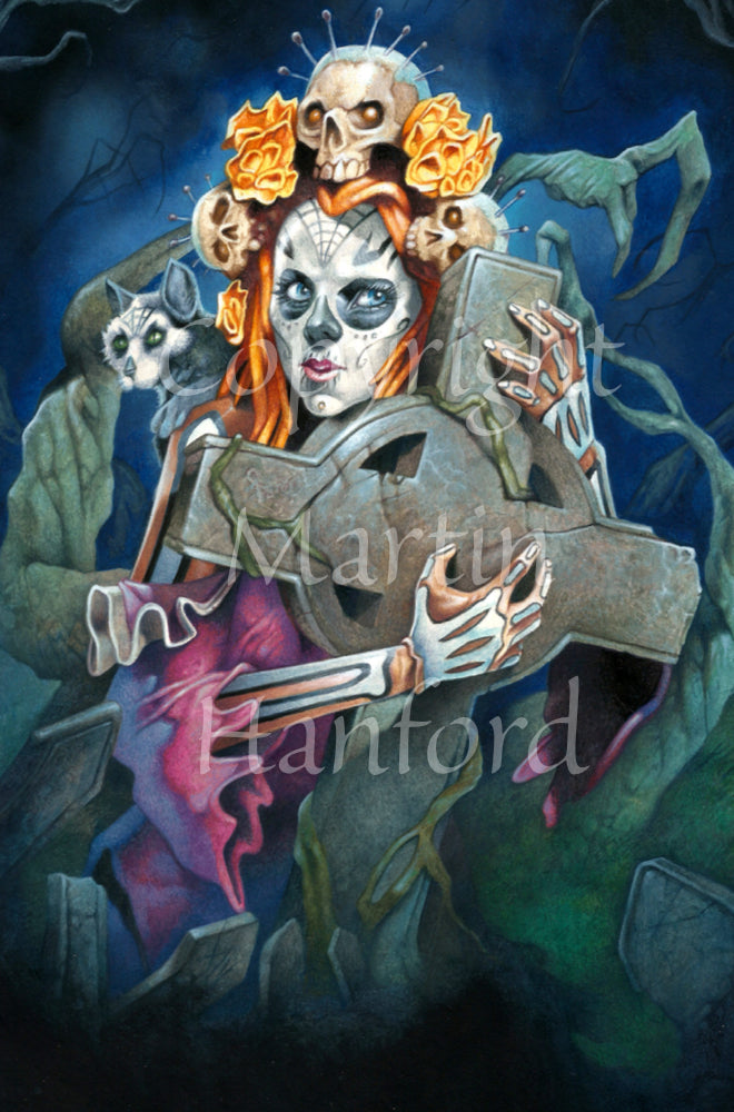 A woman with her face and arms decorated as a skeleton clutches a large stone Celtic cross to her chest. Her red hair is decorated with skulls with pins protruding from their heads. A black cat with a white face sits on her shoulder.