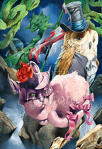 In the foreground a pink cat wearing a large pink hat covering its head and three pink bows on its tail, sits on a rock. A brown owl in top hat and coat tails stands behind. The sea can be seen below. Behind them is the dragon figurehead of a boat resting on rock. 