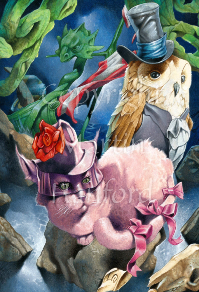 In the foreground a pink cat wearing a large pink hat covering its head and three pink bows on its tail, sits on a rock. A brown owl in top hat and coat tails stands behind. The sea can be seen below. Behind them is the dragon figurehead of a boat resting on rock. 
