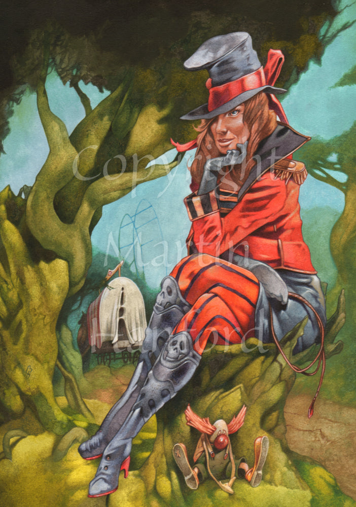 A red-haired woman sits on a tree stump, legs crossed and her head in her hand. The back of a canvas-covered horse drawn wagon can be seen on the road behind her. The woman is wearing a red and black coat and trousers, a black top hat with a red bow, black gloves, and black boots with a skull design at the top. She holds a looped whip in her hand, which is across her lap. A tiny clown sits looking forlorn at the bottom of the tree stump. A tree leaning across the image dominates the background.