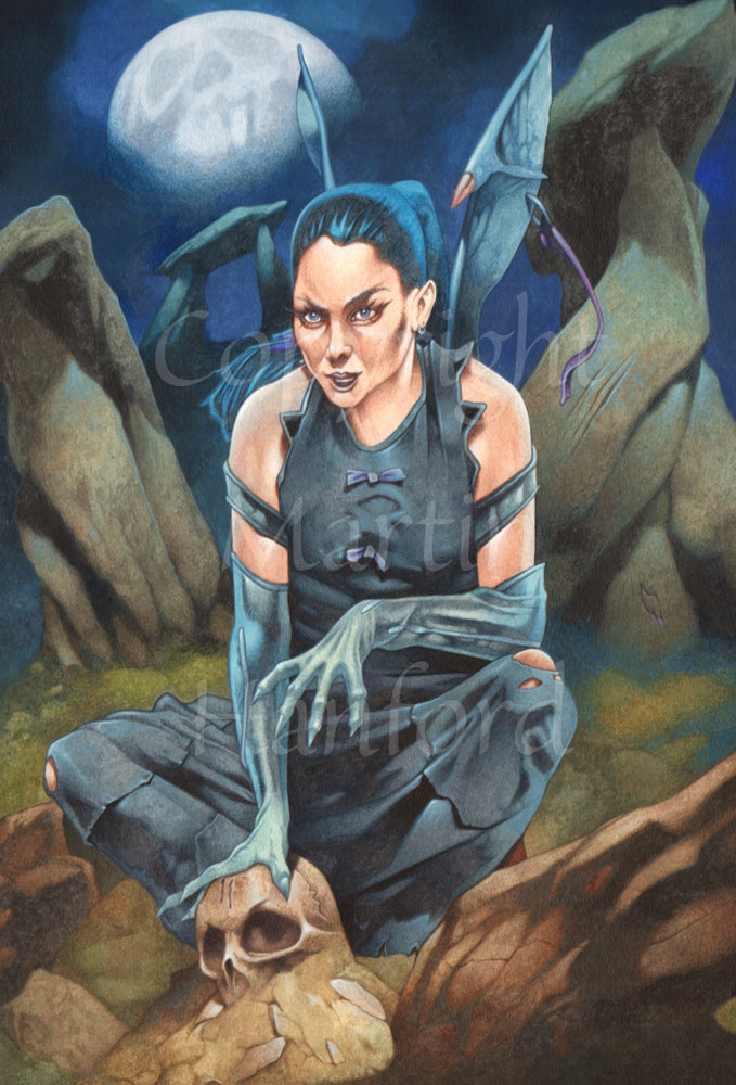 A fairy or demon with black wings, long black hair, tied back, and wearing long black gloves and a black dress with holes in the knees, crouches down with one hand on a skull. A full moon rises behind Dolmen behind her.