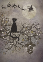 The silhouette of a black cat sitting on a branch of a tree looks up towards santa on his sleigh, and his team of reindeer, crossing the sky in front of a full moon. The branches are decorated with baubles, and a decorative lantern hangs, shining, from one of them.