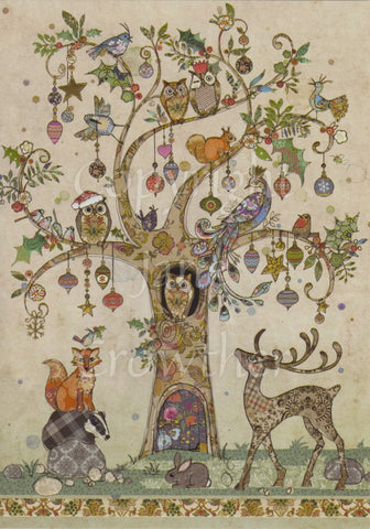 A decorative brown tree stands in the centre. It has a fairy door at the bottom, and baubles hang from the branches. Birds sit in the branches, and at the foot of the tree sit a badger, fox and rabbit. A stag stands to one side.