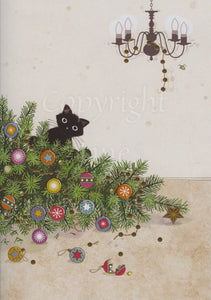 A Christmas tree lies on its side, baubles askew with some loose and lying smashed on the carpet. A black cat peers from behind the fallen tree. A chandelier with four candle-shaped lights hangs from the ceiling.