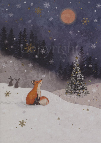 A small red fox sits in snow, head pointed upwards as snow falls. In the background sit two hares and a snow-covered fir tree, and beyond that, a hill with more trees. An orange full moon shines overhead.
