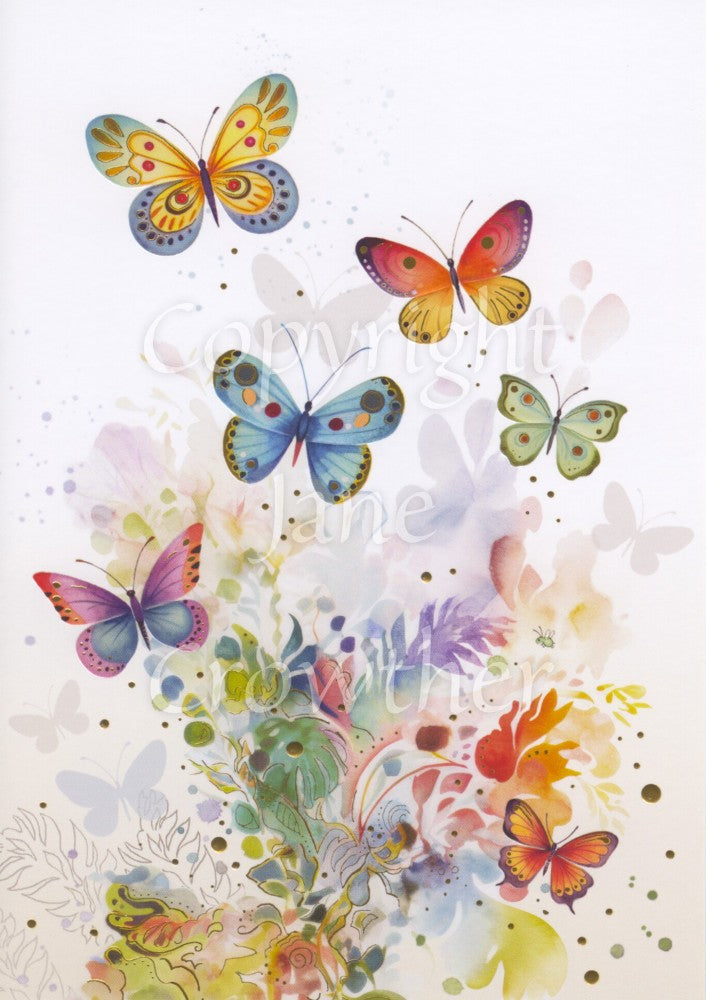 Butterflies in many colours flutter above a cluster of leaves and flowers at the bottom.