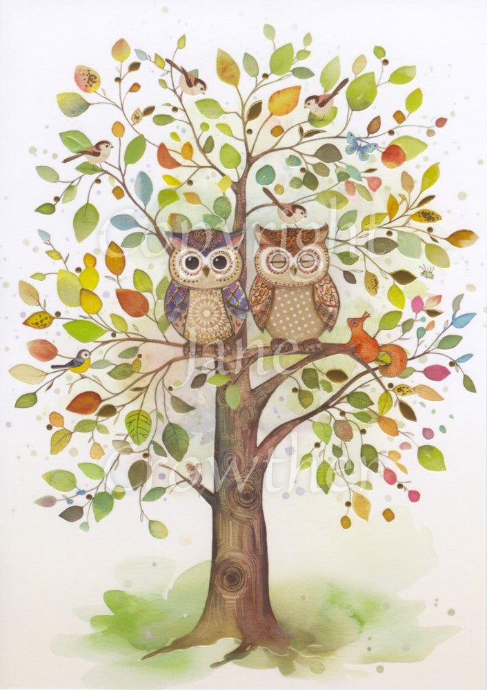 Two owls sit halfway up a tree. One has its eyes closed. The leaves of the tree are of many colours, and birds and a squirrel sit in the branches.