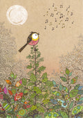 A simply-shaped rotund bird sits on top of a tall leafy stem, beak open. The bird has a pink floral chest, decorated brown back and tail, and a white eye surround by yellow. More stems, colourful and decorative, surround the main stem, with pale, undecorated stems on each side. Musical notes rise in the air away from the bird. A pale sun hangs above. The background is a mottled tan.