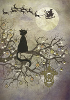 The silhouette of a black cat sitting on a branch of a tree looks up towards Santa on his sleigh, and his team of reindeer, crossing the sky in front of a full moon. The branches are decorated with baubles, and a decorative lantern hangs, shining, from one of them.