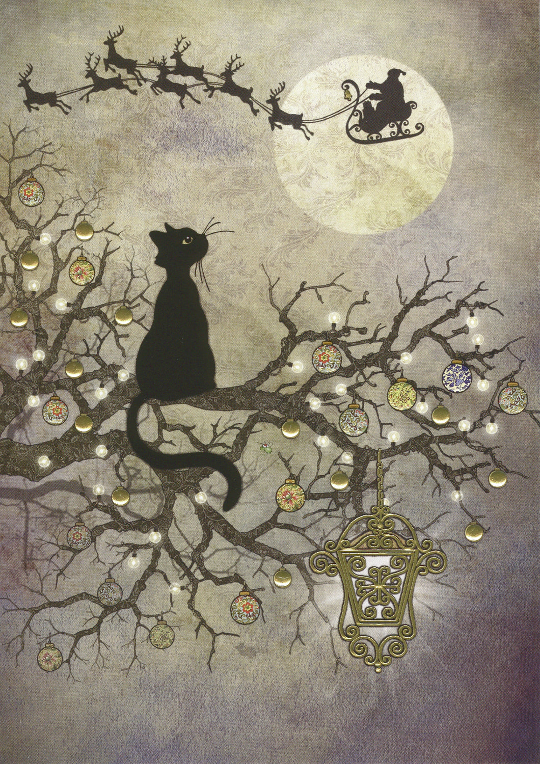 The silhouette of a black cat sitting on a branch of a tree looks up towards Santa on his sleigh, and his team of reindeer, crossing the sky in front of a full moon. The branches are decorated with baubles, and a decorative lantern hangs, shining, from one of them.