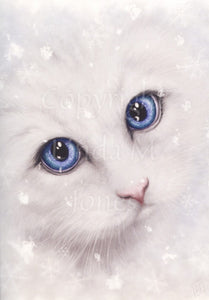 Close-up of the face of a young white cat with blue eyes, looking toward the viewer. Snowflakes fall and land in their fur.