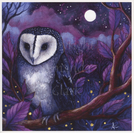 An owl with a white face and chest, and dark blue speckled head and wings sits on a branch at night. A full moon shines in the distance. The leaves, clouds and sky are cast in a purple-blue light.