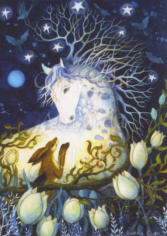 A white horse with branches for a mane looks down toward a brown hare standing on its hind legs and stretching up looking up towards the horse. They appear to be in communication. Large white flowers and brown branches spread across the bottom of the design. A blackbird sits on a branch. A midnight sky dotted with stars can be seen above. A full moon glows gently, and there are many birds in flight.