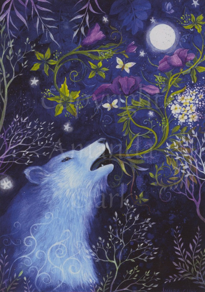 A white wolf sits in one corner, head raised upwards and mouth open. A long curving plant stem flows from its mouth, culminating in large purple flowers. Butterflies flit around the flowers. Stems and branches of plants and trees can be seen all around, and a full moon shines overhead. Overall colours are blues, purples, greens and white.