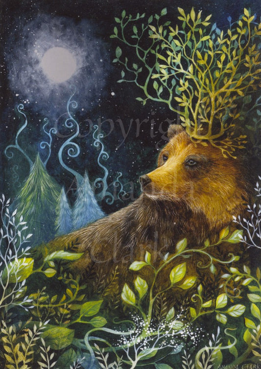 A brown bear sits amongst leaves and flowers. Flowing branches sit like a crown on its head. In the background, pine trees are lit by a misty full moon. Overall colours are blues, greens and browns.