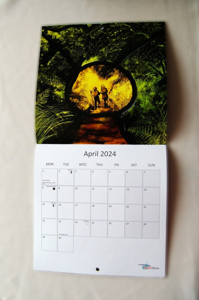 Page for April 2024, featuring two children walking down a sunken path surrounded by trees. The calendar opens up to show the image at the top, with the calendar section below.