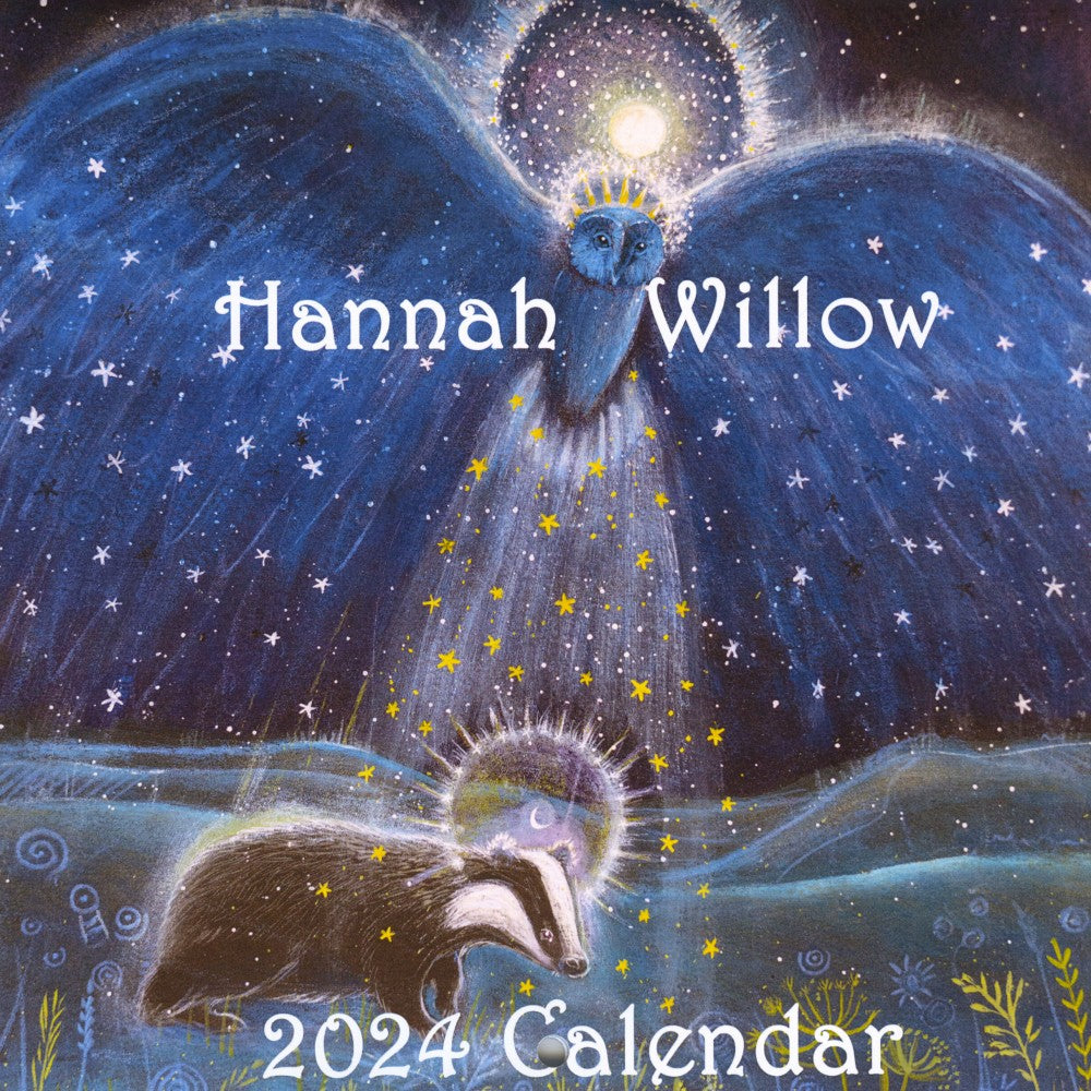 Cover of the calendar featuring a badger crossing a field while a large blue owl covered in stars flies overhead.