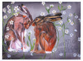 Two hares with red fur and white feet sit on their haunches facing each other, heads touching. Green stems with small white flowers at the end surround them. The background is shades of grey. An inscription at the bottom right reads, "Let's go hand in hand not one before the other".