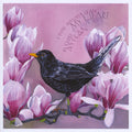 A black bird with an orange beak perches on a branch surrounded by large pink flowers. A curved inscription in the top right-hand quarter reads, "I will always lean my heart as close to your soul as I can". The background is in shades of pink.