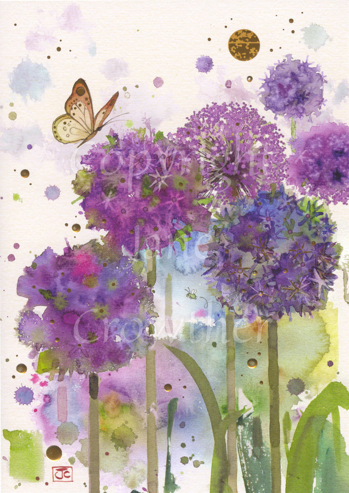 A cluster of large, purple globe flower heads above long, green stems and leaves, painted in watercolour. A cream and brown butterfly hovers above them.
